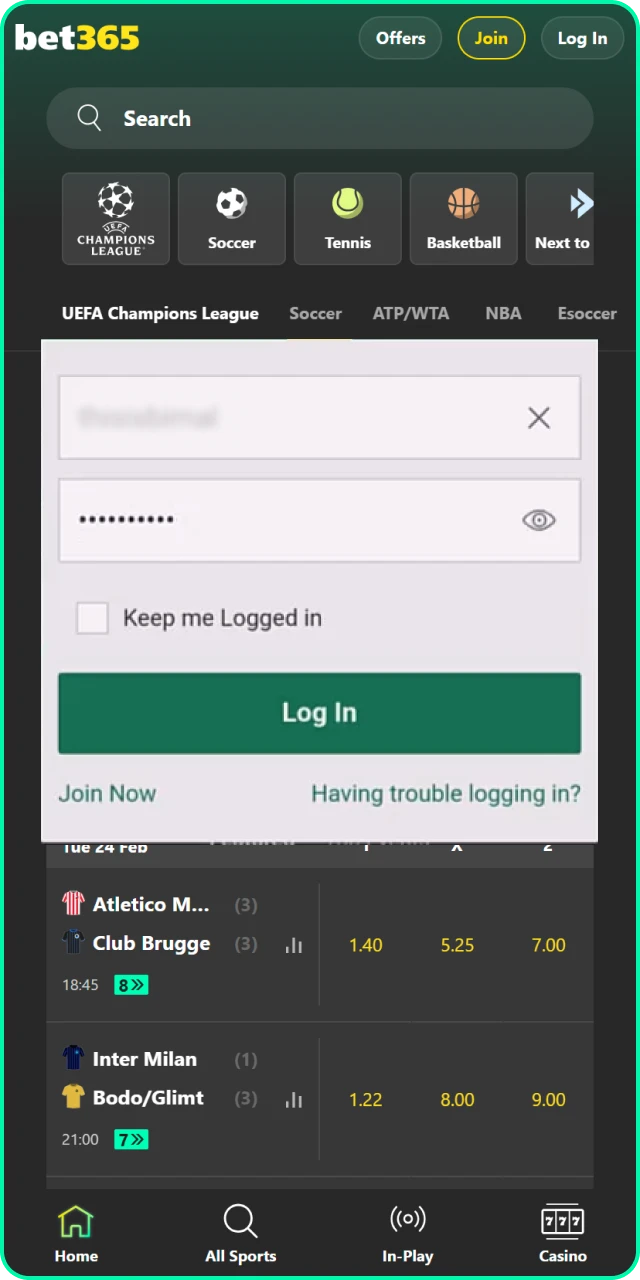 Log in to your Bet365 India account to begin the verification steps.