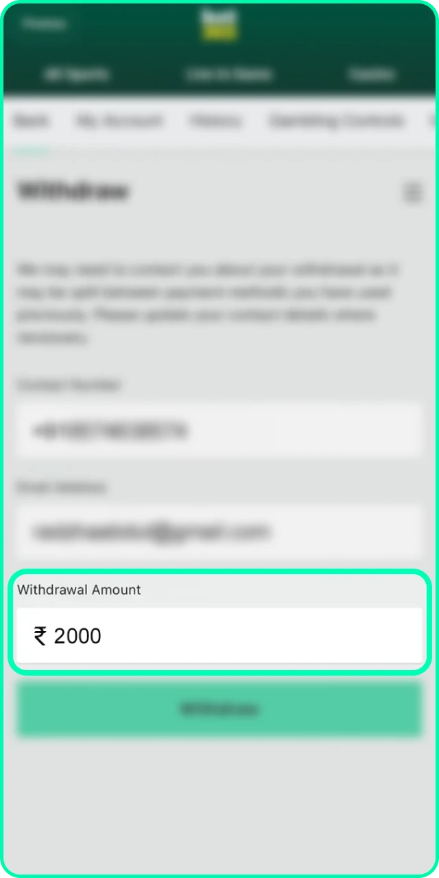Enter withdrawal amount in the field to withdraw money from Bet 365.